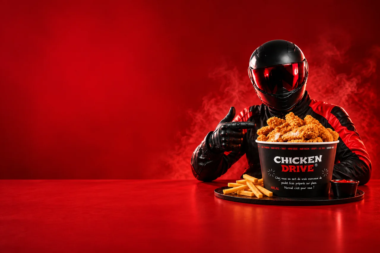La mascotte Chicken Drive présente un bucket noir de tenders, avec frites et sauce sur fond rouge
