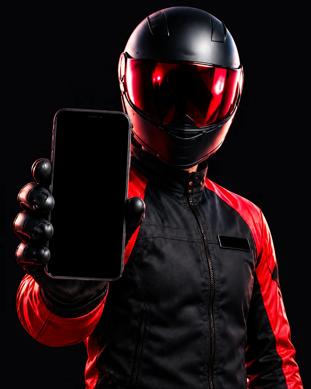 La mascotte Chicken Drive au casque noir et à la visière rouge présente un téléphone